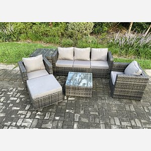 Fimous 6 Seater Outdoor Lounge Sofa Set Wicker PE Rattan Garden Furniture Set with Armchair Square Coffee Table Big Footstool Dark Grey Mixed