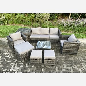 Fimous 8 Seater Wicker Rattan Garden Furniture Sofa Set with Side Table Armchair Square Coffee Table 3 Footstools Dark Grey Mixed