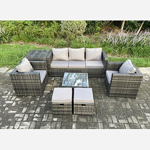 Fimous Wicker 7 Pieces Rattan Garden Furniture Sofa Set with Armchair Side Table Square Coffee Table 2 Small Footstools Dark Grey Mixed