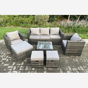 Fimous Wicker Rattan Garden Furniture Sofa Set with Armchair Square Coffee Table 3 Footstools Dark Grey Mixed