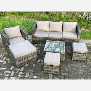 Fimous 6 PCS Outdoor Lounge Sofa Set Wicker PE Rattan Garden Furniture Set with Armchair Square Coffee Table 3 Small Footstools Dark Grey Mixed