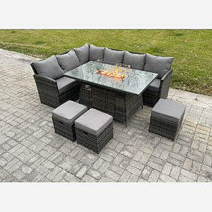 Fimous Rattan Garden Furniture High Back Corner Sofa Gas Fire Pit Dining Table Sets Gas Heater with 3 Small Footstools 9 Seater Dark Grey Mixed