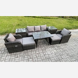 Fimous Outdoor Garden Furniture Sets 8 Pieces Wicker Rattan Furniture Sofa Sets with Rectangular Dining Table 2 Big Footstool 2 Side Tables