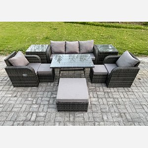 Fimous Rattan Wicker Garden Furniture Patio Conservatory Sofa Set with Rectangular Dining Table Reclining Chair 3 Seater Sofa 3 Footstools 2 Side Tables 8 Seater