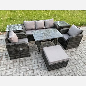 Fimous 6 Seater Rattan Wicker Garden Furniture Patio Conservatory Sofa Set with Rectangular Dining Table Reclining Chair 3 Seater Sofa Big Footstool 2 Side Tables