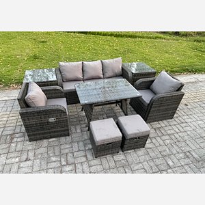 Fimous Outdoor Garden Furniture Sets 8 Pieces Wicker Rattan Furniture Sofa Sets with Rectangular Dining Table 2 Small Footstools 2 Side Tables