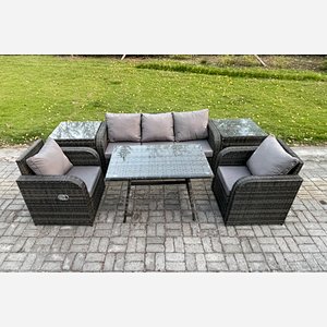Fimous Rattan Wicker Garden Furniture Patio Conservatory Sofa Set with Rectangular Dining Table Reclining Chair 3 Seater Sofa 2 Side Tables