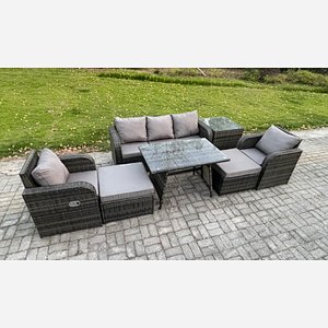 Fimous Outdoor Garden Furniture Sets 7 Pieces Wicker Rattan Furniture Sofa Sets with Rectangular Dining Table 2 Big Footstool Side Table