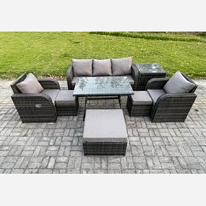Fimous 8 Seater Rattan Wicker Garden Furniture Patio Conservatory Sofa Set with Rectangular Dining Table Reclining Chair 3 Seater Sofa 3 Footstools Side Table