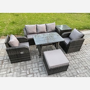 Fimous Rattan Wicker Garden Furniture Patio Conservatory Sofa Set with Rectangular Dining Table Reclining Chair 3 Seater Sofa Big Footstool Side Table