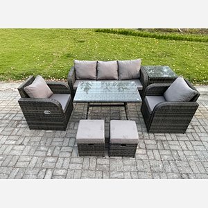 Fimous Rattan Wicker Garden Furniture Patio Conservatory Sofa Set with Rectangular Dining Table Reclining Chair 3 Seater Sofa 2 Small Footstools Side Table