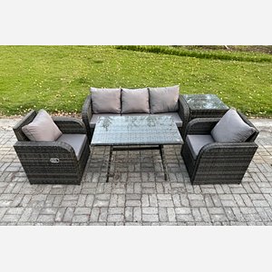 Fimous Rattan Wicker Garden Furniture Patio Conservatory Sofa Set with Rectangular Dining Table Reclining Chair 3 Seater Sofa Side Table