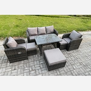 Fimous 8 Seater Rattan Wicker Garden Furniture Patio Conservatory Sofa Set with Rectangular Dining Table Reclining Chair 3 Seater Sofa 3 Footstools