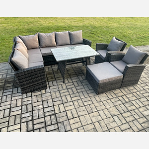 Fimous High Back Outdoor Garden Furniture Set Rattan Corner Sofa Dining Table Set With Big Footstool Armchair Dark Grey Mixed