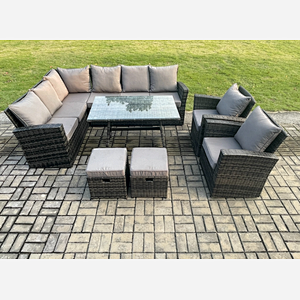 Fimous High Back Outdoor Garden Furniture Set Rattan Corner Sofa Dining Table Set With Armchairs 2 Small Footstools 10 Seater Dark Grey Mixed Left Corner
