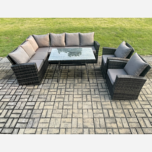 Fimous High Back Outdoor Garden Furniture Set Rattan Corner Sofa Dining Table Set With 2 Armchairs 8 Seater Dark Grey Mixed