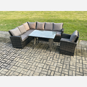 Fimous High Back Outdoor Garden Furniture Set Rattan Corner Sofa Dining Table Set With Armchair 7 Seater Dark Grey Mixed