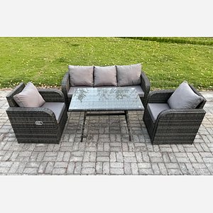 Fimous Rattan Wicker Garden Furniture Patio Conservatory Sofa Set with Rectangular Dining Table Reclining Chair 3 Seater Sofa