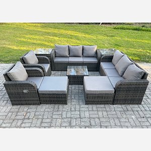 Fimous High Back Rattan Garden Furniture Set with Square Coffee Table 2 Big Footstool 2 Side Tables Indoor Outdoor Patio Lounge Sofa Set Dark Grey Mixed