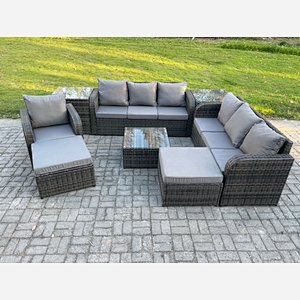 Fimous 9 Seater Outdoor Rattan Garden Furniture Set Conservatory Patio Sofa Coffee Table With Reclining Chair 2 Big Footstool 2 Side Tables Dark Grey Mixed