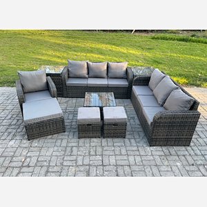 Fimous 10 Seater Outdoor Rattan Garden Furniture Set Conservatory Patio Sofa Coffee Table With Reclining Chair 3 Footstools 2 Side Tables Dark Grey Mixed