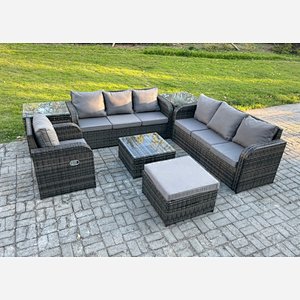 Fimous Outdoor Rattan Garden Furniture Set Conservatory Patio Sofa Coffee Table With Reclining Chair 2 Side Tables Big Footstool Dark Grey Mixed