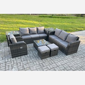 Fimous 9 Seater Outdoor Rattan Garden Furniture Set Conservatory Patio Sofa Coffee Table With Reclining Chair 2 Small Footstools 2 Side Tables Dark Grey Mixed
