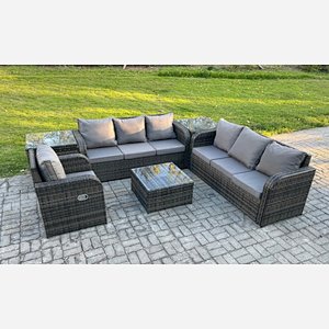 Fimous Outdoor Rattan Garden Furniture Set Conservatory Patio Sofa Coffee Table With Reclining Chair 2 Side Tables Dark Grey Mixed