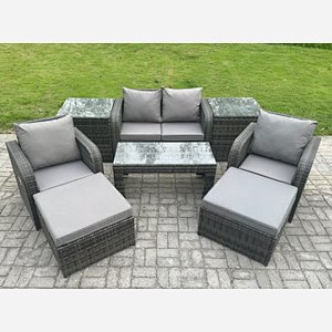 Fimous Wicker PE Rattan Garden Furniture Set Outdoor Lounge Sofa Set with Reclining Chair Coffee Table 2 Side Tables 2 Big Footstool Dark Grey Mixed