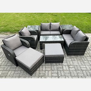 Fimous 9 PCS Garden Furniture set Rattan Outdoor Lounge Sofa Table Chair With Tempered Glass Table Dark Grey Mixed