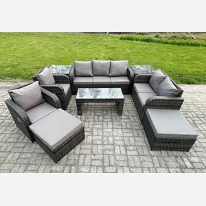 Fimous Outdoor Rattan Garden Furniture Set Rattan Lounge Sofa Set with Rectangular Coffee Table 2 Side Tables 2 Big Footstool Dark Grey Mixed