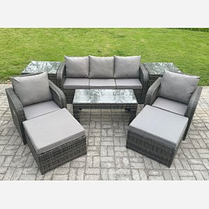Fimous Rattan Garden Furniture Set with Rectangular Coffee Table 2 Side Tables 2 Big Footstool 7 Seater Patio Outdoor Lounge Sofa Set