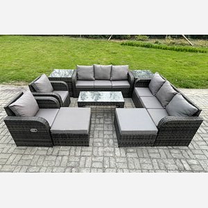 Fimous 10 Seater Wicker PE Rattan Sofa Set Outdoor Patio Garden Furniture Set with Reclining Chairs Coffee Table 2 Side Tables 2 Big Footstool Dark Grey Mixed