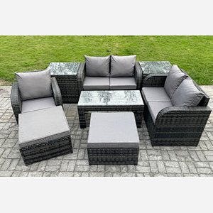 Fimous 8 Pcs Rattan Outdoor Garden Furniture Sofa Set Patio Table & Chairs Set with 2 Side Tables 2 Big Footstool Dark Grey Mixed