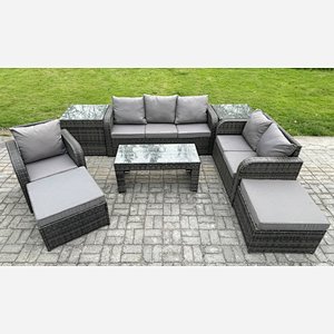 Fimous 8 Seater High Back Rattan Garden Furniture Set with Reclining Chair Rectangular Coffee Table 2 Side Tables 2 Big Footstool Indoor Outdoor Patio Lounge Sofa Set Dark Grey Mixed