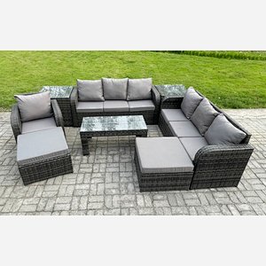 Fimous Outdoor Lounge Sofa Set 9 Seater Rattan Garden Furniture Set with Rectangular Coffee Table 3 Seater Sofa 2 Side Tables 2 Big Footstool Dark Grey Mixed