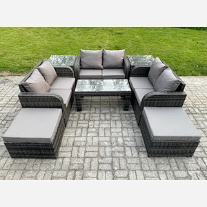 Fimous Outdoor Garden Furniture Sets 8 Seater Wicker Rattan Furniture Sofa Sets with Rectangular Coffee Table Love seat Sofa 2 Big Footstool 2 Side Tables