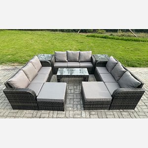 Fimous Rattan Garden Furniture Set 11 Seater Indoor Outdoor Patio Sofa Set with Coffee Table 2 Big Footstool 2 Side Tables Dark Grey Mixed