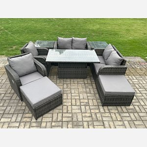 Fimous Rattan Furniture Garden Dining Sets Outdoor Height Adjustable Rising lifting Table Love Sofa Chair With 2 Side Tables 2  Footstools