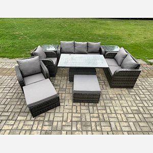 Fimous Outdoor Rattan Furniture Garden Dining Set Patio Height Adjustable Rising lifting Table Reclining Chair Sofa With 2 Side Tables 2 Big Footstools