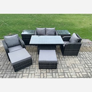 Fimous Rattan Furniture Outdoor Garden Dining Sets Patio Height Adjustable Rising lifting Table Love Sofa Chair Set With 2 Side Tables Stools