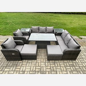 Fimous Rattan Outdoor Garden Furniture Sets Height Adjustable Rising lifting Dining Table Reclining Chair Sofa Set with 2 Side Tables 2 Big Footstools Dark Grey Mixed