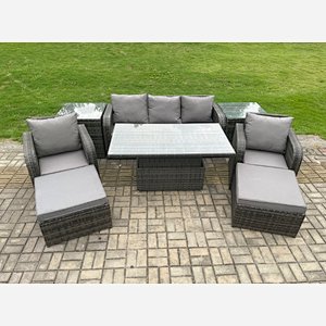 Fimous Outdoor Rattan Furniture Sofa Garden Dining Sets Height Adjustable Rising lifting Table and Chair Set With  2 Side Tables 2 Big Footstools