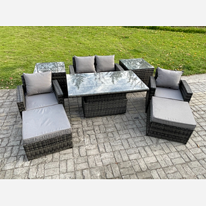 Fimous High Back Rattan Garden Furniture Sofa Sets with Height Adjustable Rising Lifting Table 2 Side Tables 2 Big Footstool Dark Grey Mixed