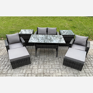 Fimous Outdoor Lounge Sofa Garden Furniture Set Rattan Rectangular Dining Table with Double Seat Sofa Armchair 2 Big Footstool 2 Side Tables 6 Seater Dark Grey Mixed