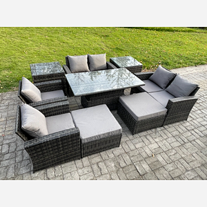 Fimous Outdoor Garden Furniture Sets 9 Pieces Wicker Rattan Furniture Sofa Dining Table Set with 2 Big Footstool 2 Side Tables Dark Grey Mixed