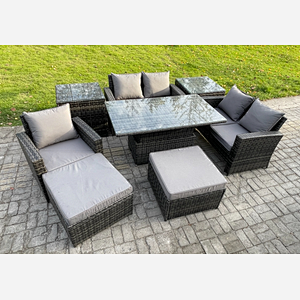 Fimous 7 Seater Outdoor Rattan Patio Furniture Set Garden Height Adjustable Rising Lifting Table Sofa Dining Set with 2 Side Tables 2 Big Footstool Dark Grey Mixed