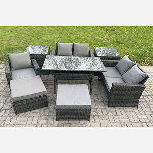 Fimous Outdoor Garden Dining Set Wicker PE Rattan Furniture Sofa with Rectangular Dining Table Double Seat Sofa 2 Side Tables 2 Big Footstool Dark Grey Mixed