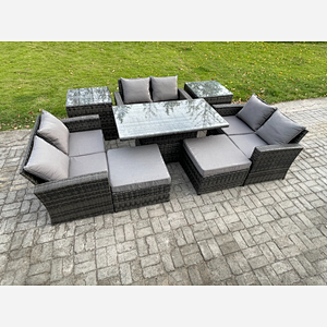 Fimous Wicker PE Rattan Garden Furniture Set Height Adjustable Rising Lifting Table Sofa Dining Set with Double Seat Sofa 2 Big Footstool 2 Side Tables Dark Grey Mixed