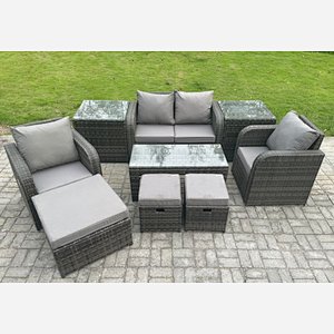 Fimous Rattan Lounge Sofa Set Outdoor Garden Furniture Set with Rectangular Coffee Table Love Sofa 2 Side Tables 3 Footstools Dark Grey Mixed